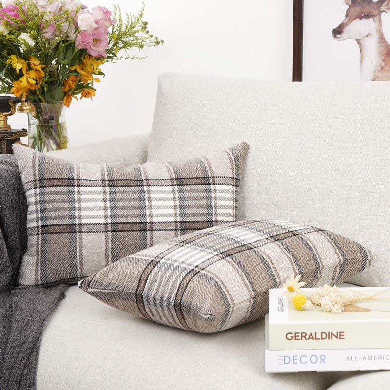 YOUR SMILE Set of 2 Retro Farmhouse Outdoor/Indoor Buffalo Tartan Chequer Stripe Plaid Cotton Linen Decorative Throw Pillow Case Cushion Cover Pillowcase for Sofa Chair,Brown, 12x20inch - Image 3